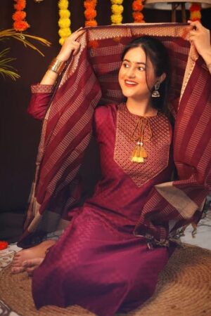 Women Cotton Blend Kurti Pant Dupatta Set F 9