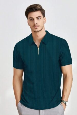 KAJARU  Men Self Design Polo Neck Polyester Dark Green T-Shirt